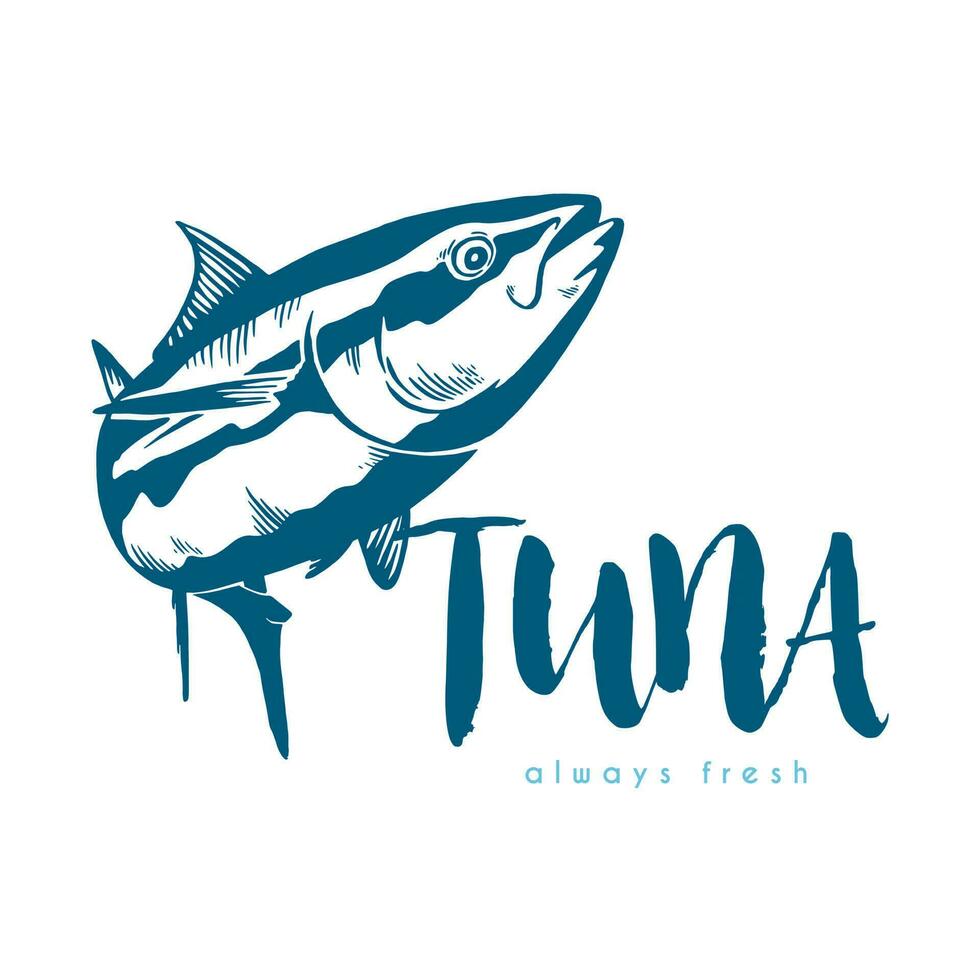 Tuna fish symbol on white background, Vector. Sport fishing club, restaurant, canned, food logo. vector