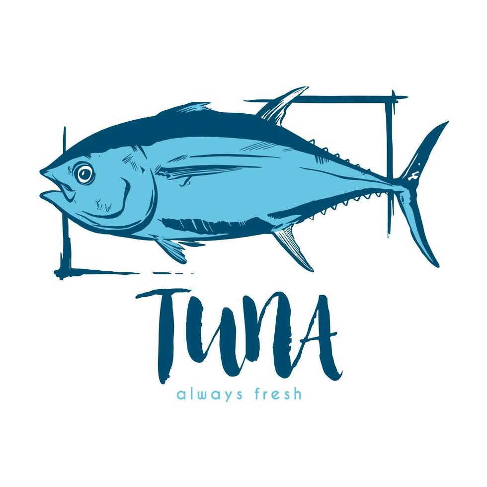 atún pescado símbolo en blanco fondo, vector. deporte pescar club, restaurante, Enlatado, comida logo. vector