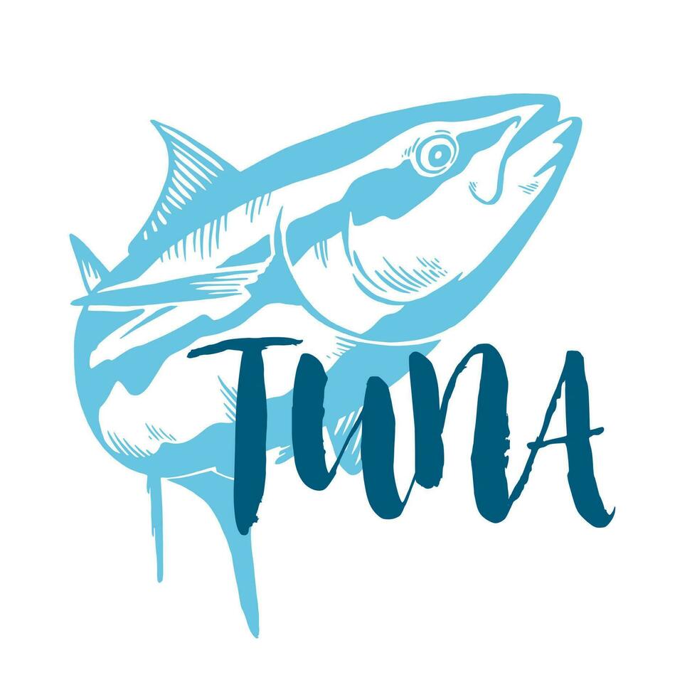 Fish symbol on white background, Vector. Sport fishing club, restaurant, canned, food logo. Tuna written in spanish vector
