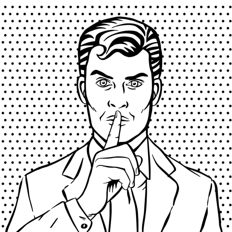 Man putting her forefinger to her lips for quiet silence. Making silence gesture shhh. Pop art comics style. Black and white vector illustration