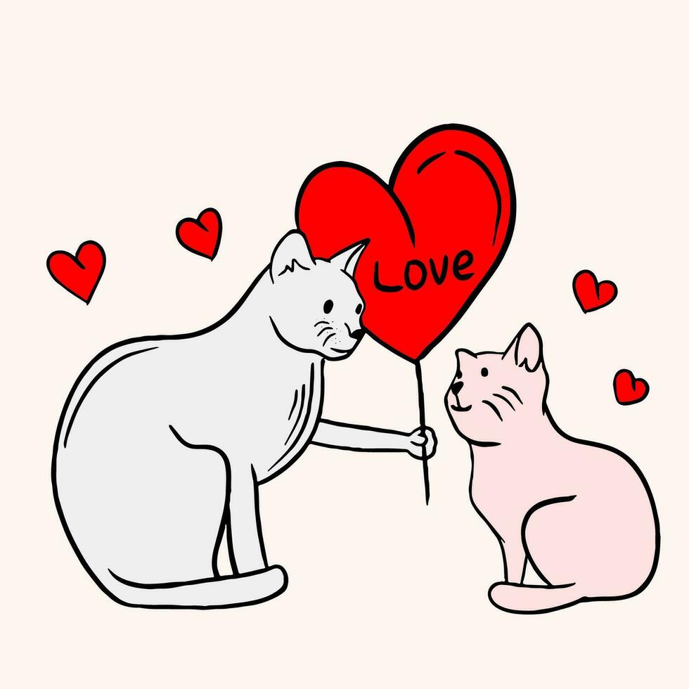 illustration of cats, hearts and love for Valentine's Day vector