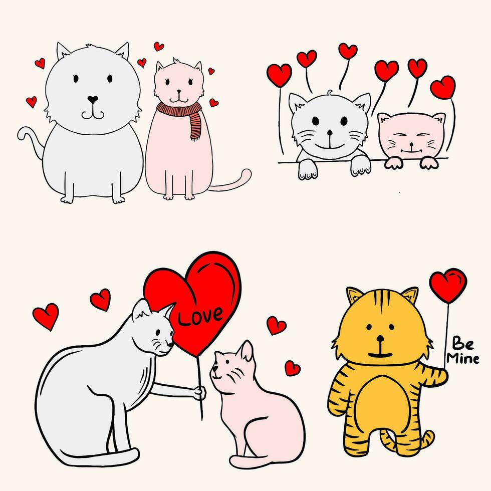 illustration of cats, hearts and love for Valentine's Day vector