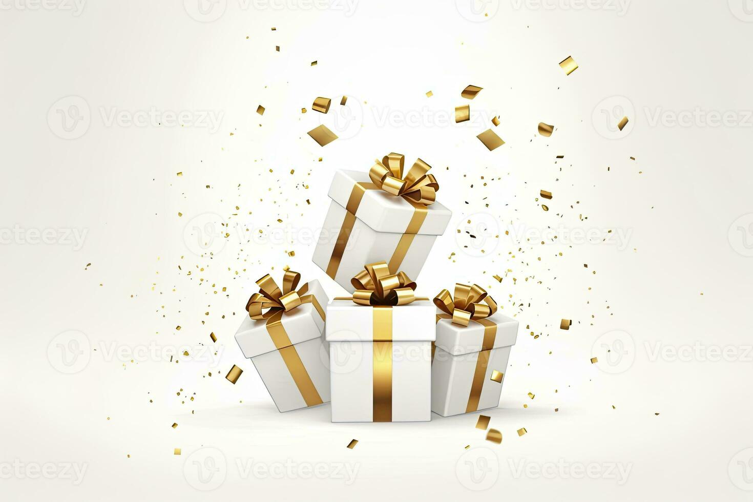 AI generated Merry New Year and Merry Christmas 2024 white gift boxes with golden bows and gold sequins confetti on white background. AI Generated photo