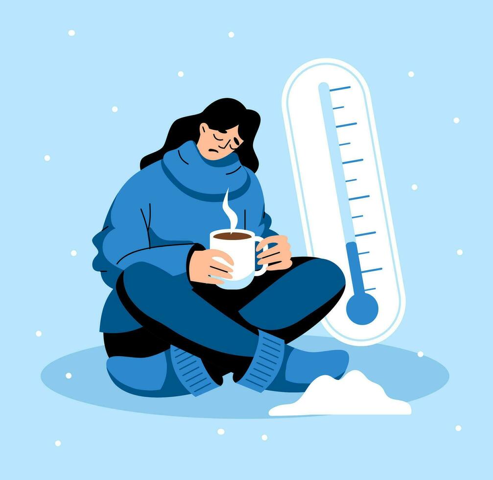 The freezing Girl sits sad on the floor and drinks a drink. The thermometer shows a low temperature. Flat, cartoon, vector illustration. Winter, snow