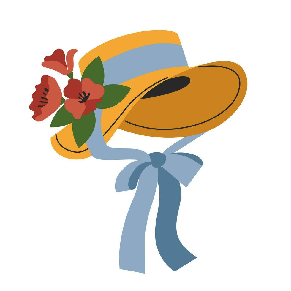 un linda rural Paja sombrero con un azul cinta y flores casa de campo moda. antiguo, retro vector, departamento, dibujos animados ilustración vector