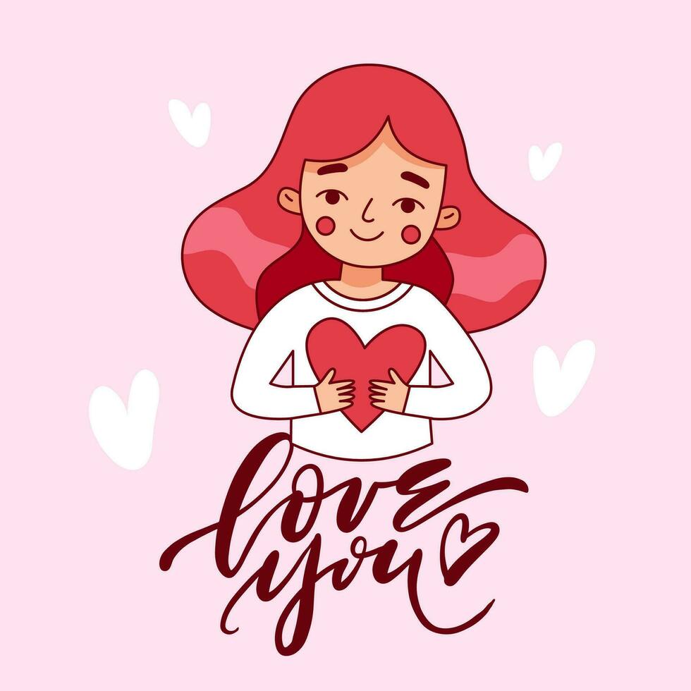 A beautiful girl holds a red heart in her hands. A red-haired woman wishes happy Valentine's Day. Vector, Cartoon, Flat vector