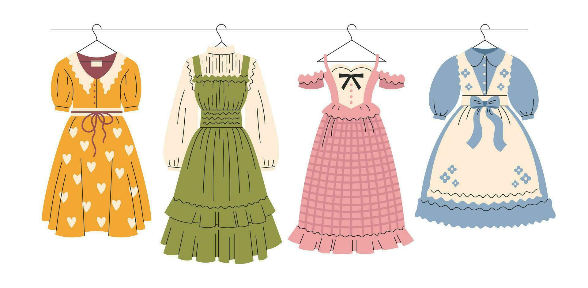 un conjunto de linda De las mujeres vestidos con volantes y cordón. cabaña núcleo moda. antiguo, retro vector, departamento, dibujos animados ilustración vector