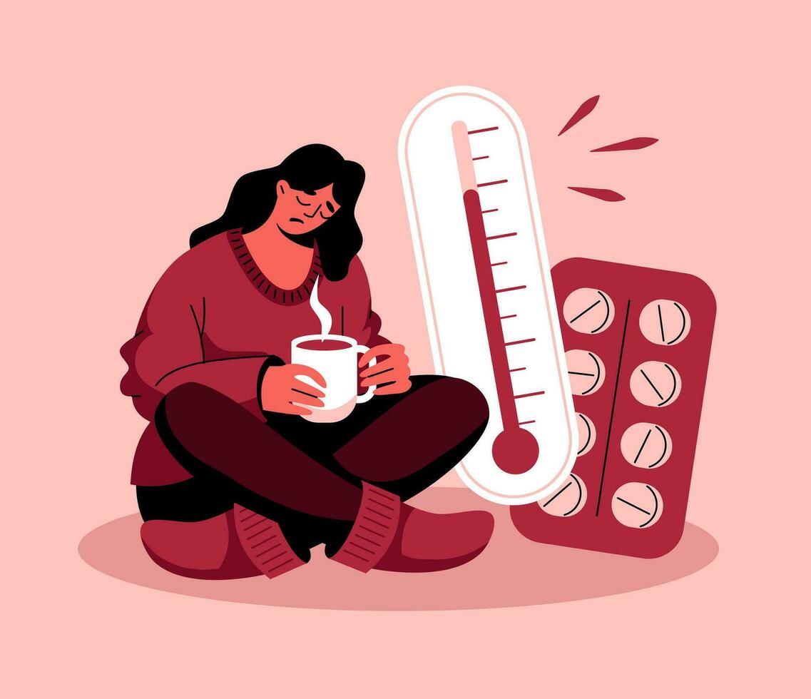 un enfermo mujer es sentado en el piso y Bebiendo un beber. el termómetro muestra un alto temperatura, pastillas departamento, dibujos animados, vector ilustración