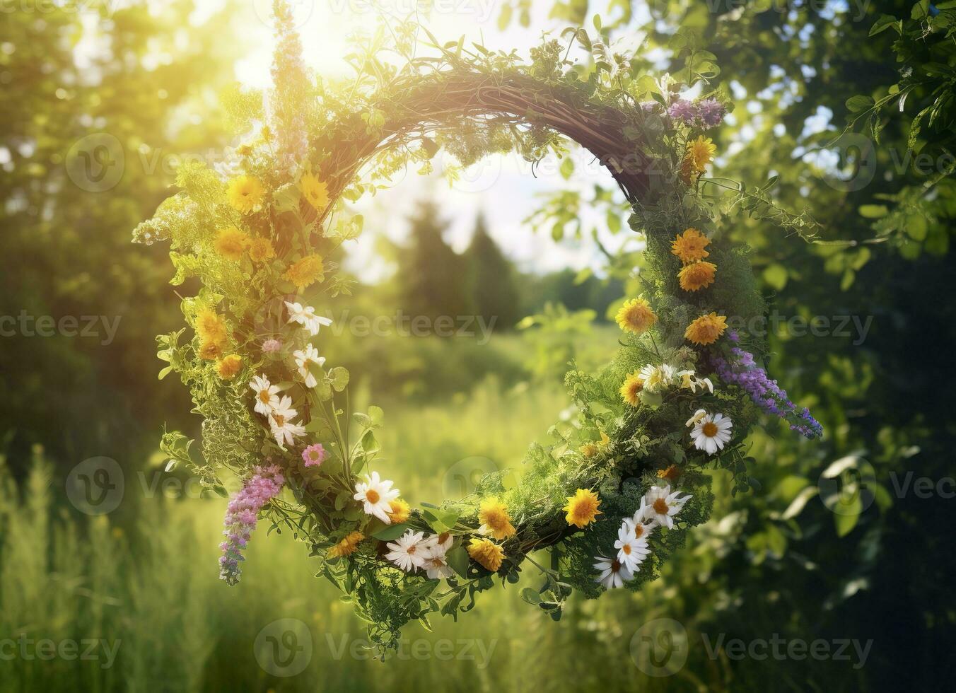 AI generated Rustic wildflowers wreath on a sunny meadow. Summer Solstice Day, Midsummer concept. Generative AI photo