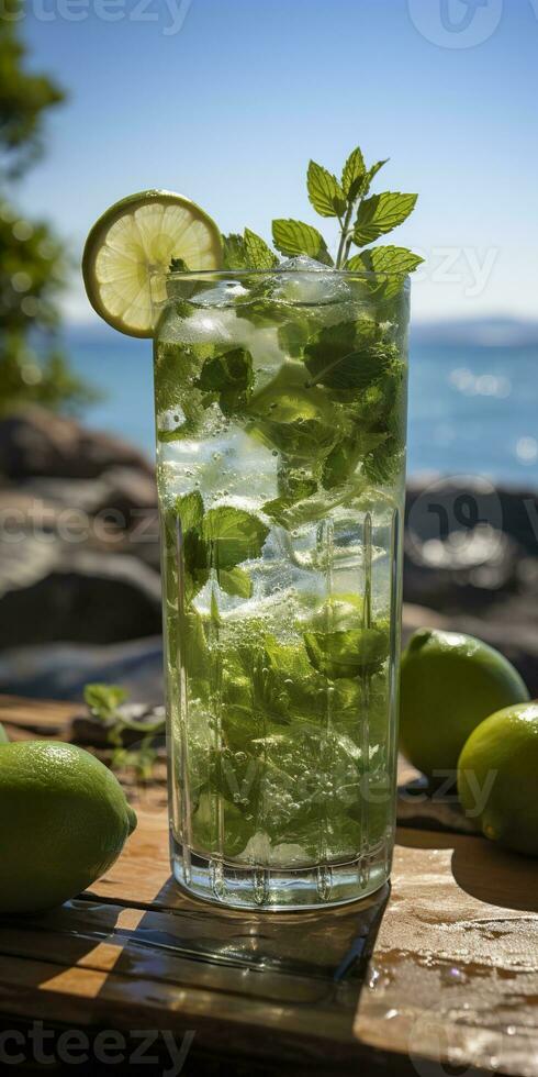 AI generated Stunning photo of cocktail mojito, a sunny summer beach in the background. Generative AI