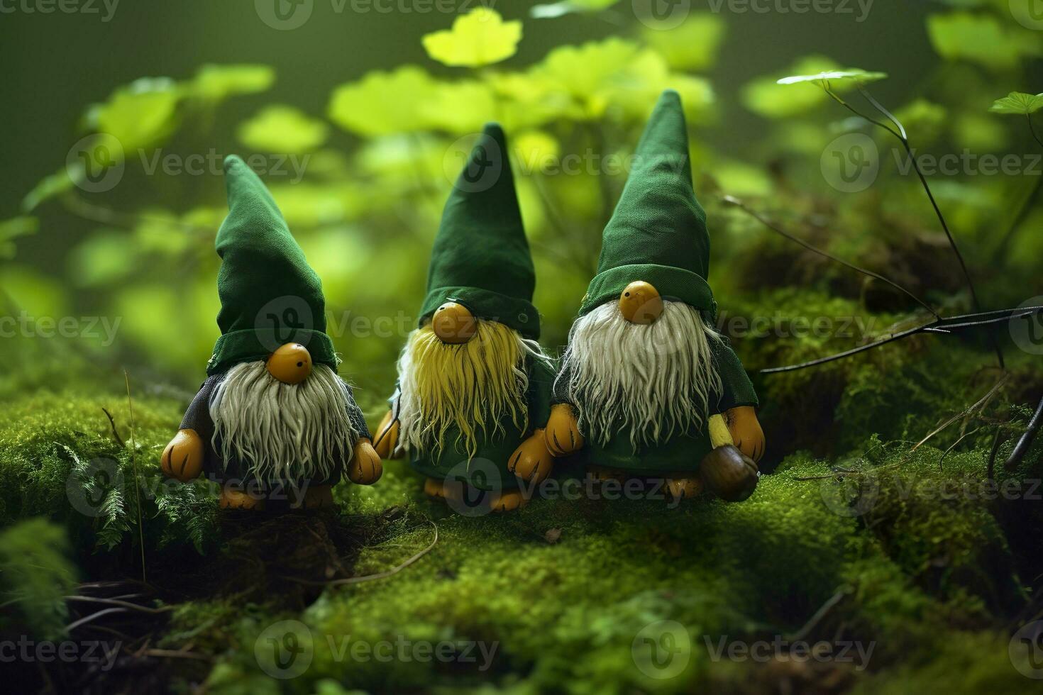 AI generated Toy Irish gnomes in a mystery forest, abstract green natural background. Generative AI photo