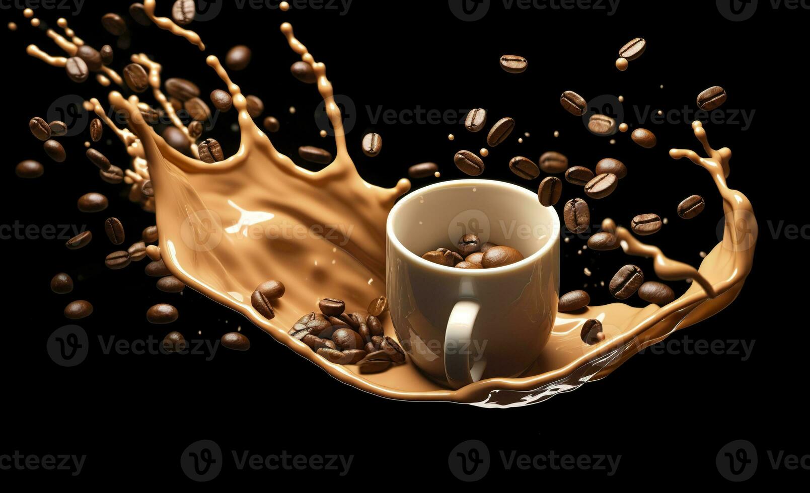 AI generated hot liquid coffee splash with Coffee Bean falling, 3d illustration. AI Generated photo