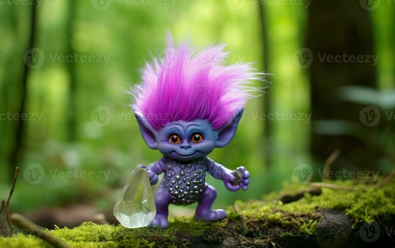 AI generated Tale troll with crystals in the forest, natural green background. Generative AI photo