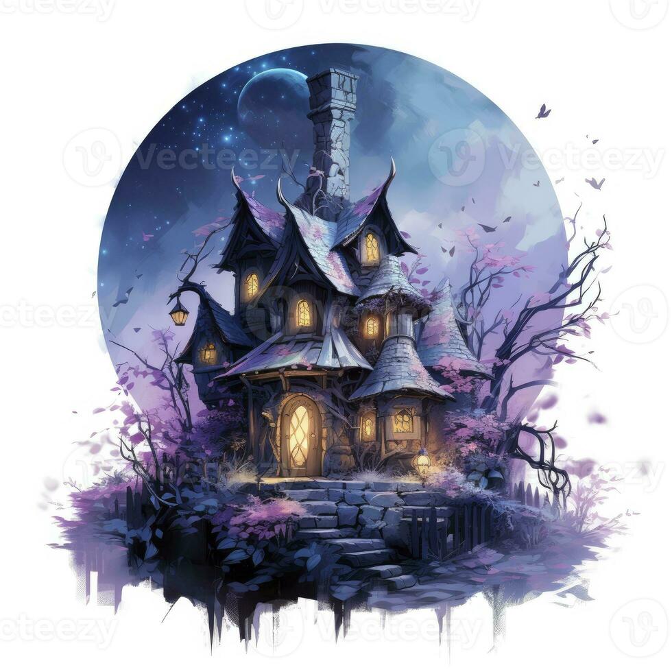 AI generated Moonlight dark themed night elf fairytale fantasy fairy house. AI Generated photo