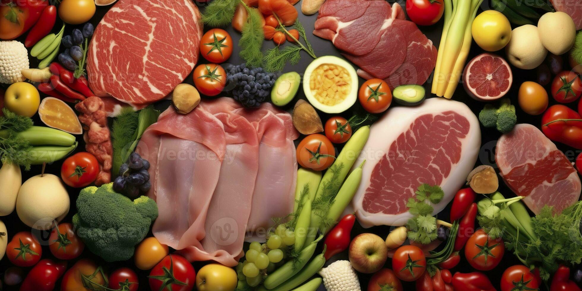 AI generated Different types of meats, vegetables, and fruits lay in supermarkets. Generative AI photo