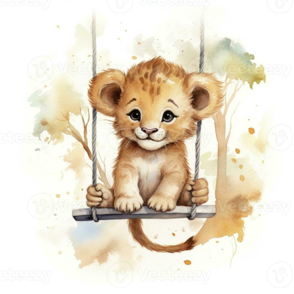 AI generated Cute happy baby lion on swings attached to the tree in watercolor style. AI Generated photo