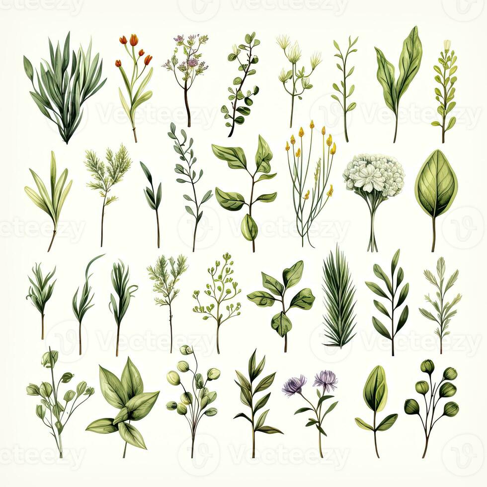 AI generated Collection of watercolor herbs clipart on white background. AI Generated photo