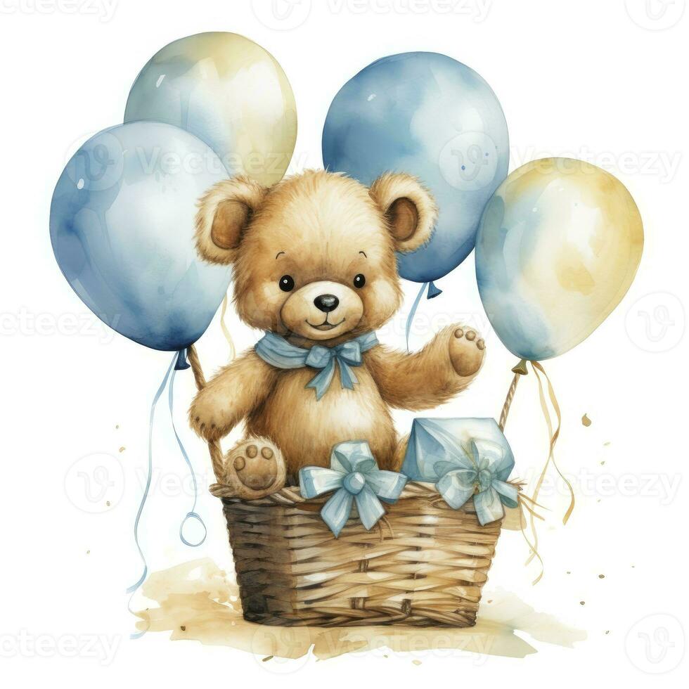 AI generated A watercolor baby teddy bear is sitting in the basket with blue and gold balloons. AI Generated photo