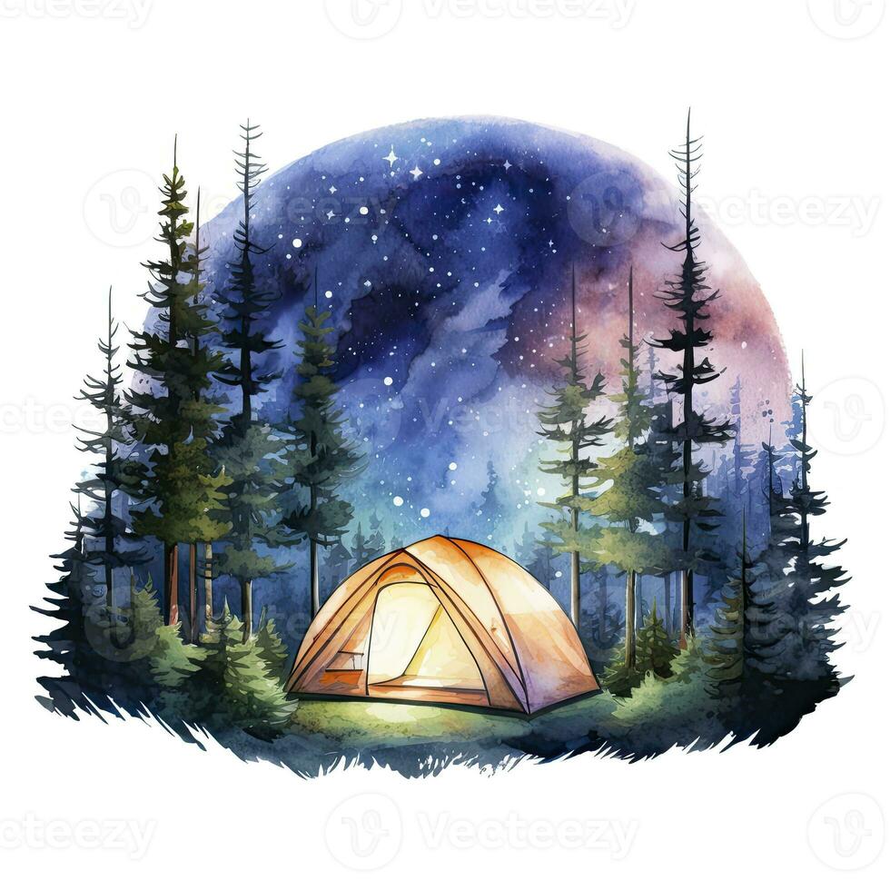 AI generated A Camping Tent in the forest with Night sky, watercolor for T-shirt Design. AI Generated photo