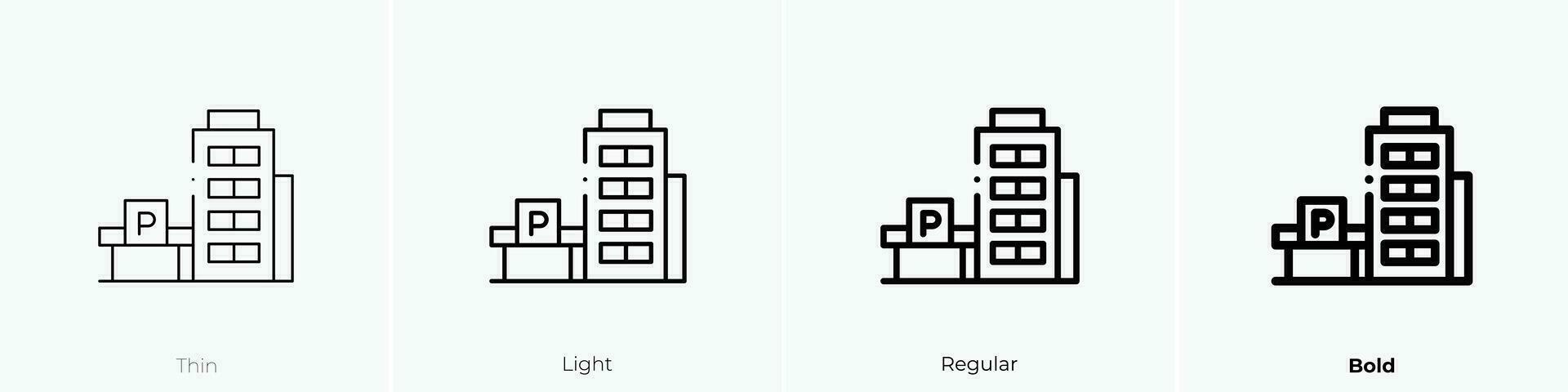 estacionamiento icono. delgado, luz, regular y negrita estilo diseño aislado en blanco antecedentes vector