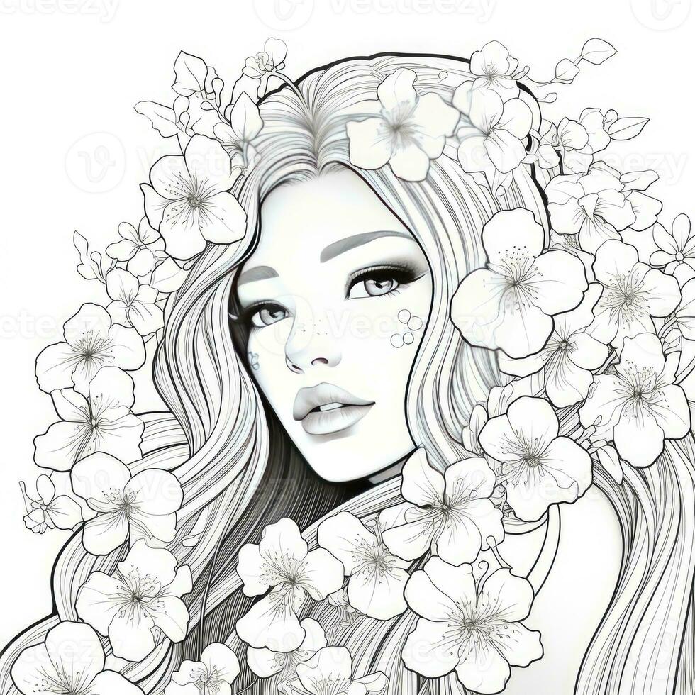 AI generated A girl on a coloring book page with Jasmine flowers. AI Generated photo