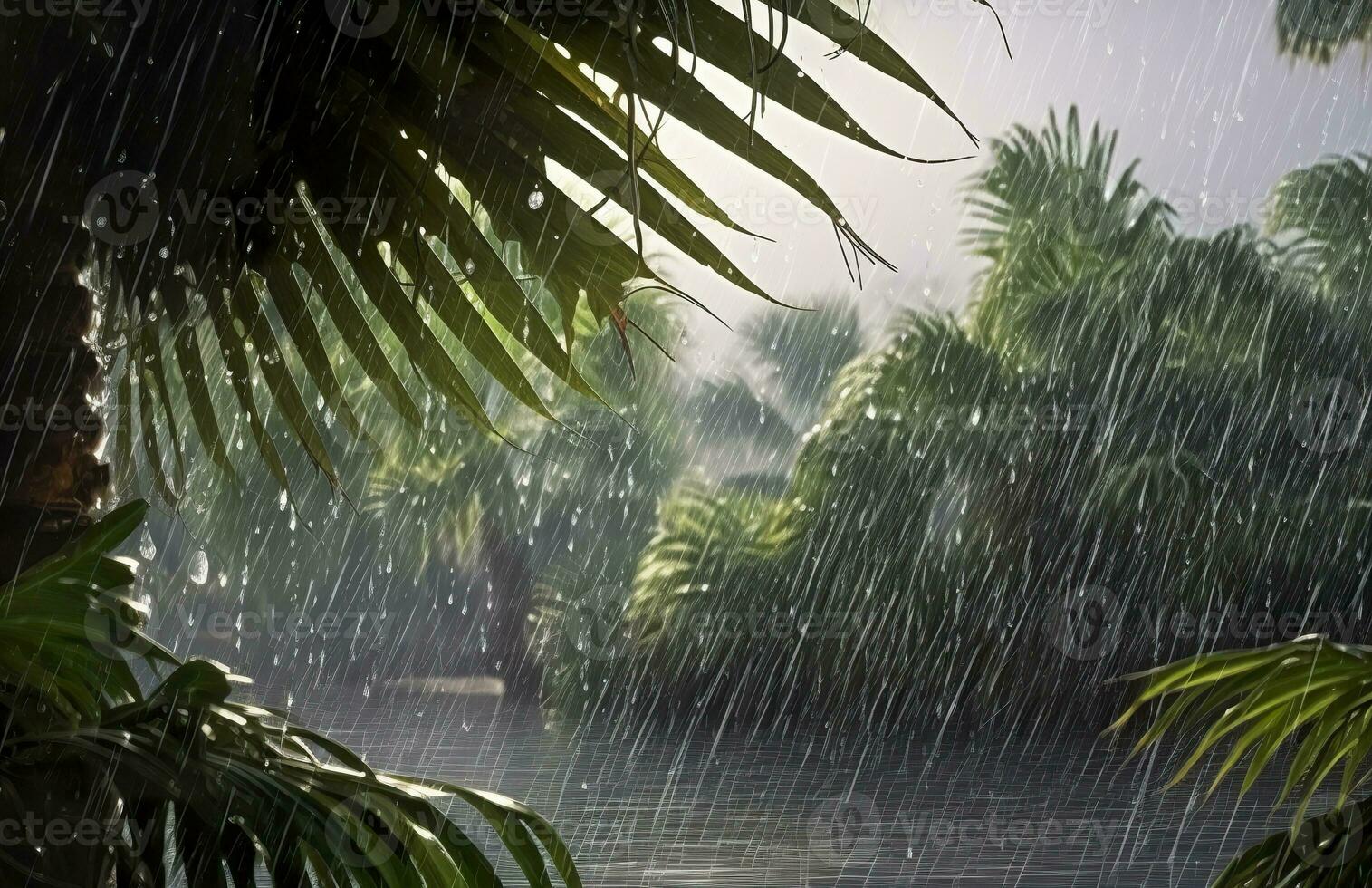 ai generado lluvia en el zona tropical durante el bajo temporada o monzón estación. gotas de lluvia en un jardín. generativo ai foto