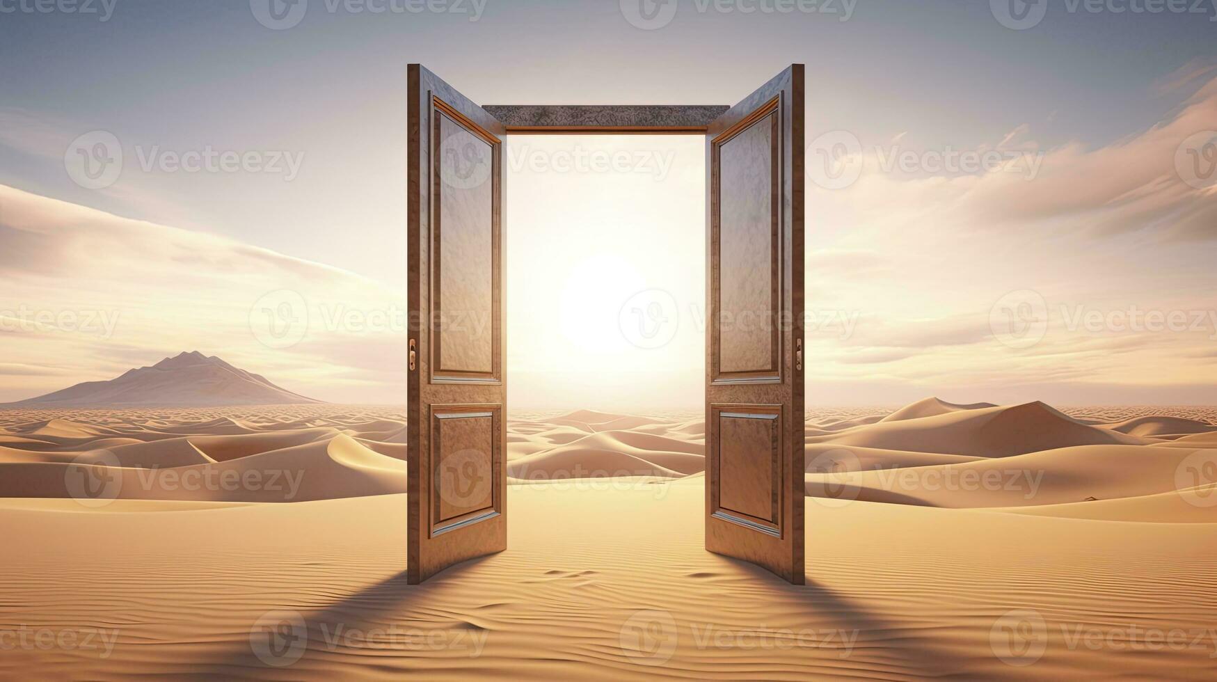 ai generado el abrió puerta en el desierto. desconocido y comienzo arriba concepto. ai generado. foto