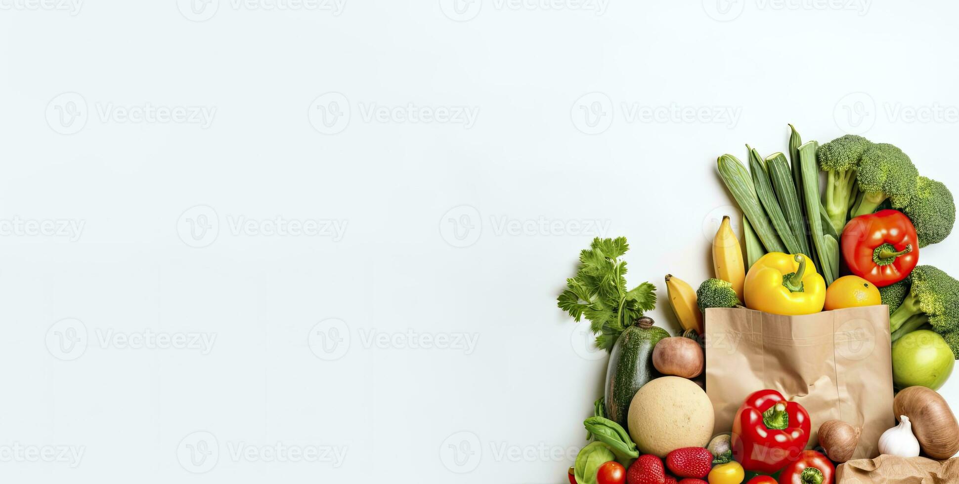 AI generated Healthy food in paper bag vegetables and fruits on white background. AI Generated photo