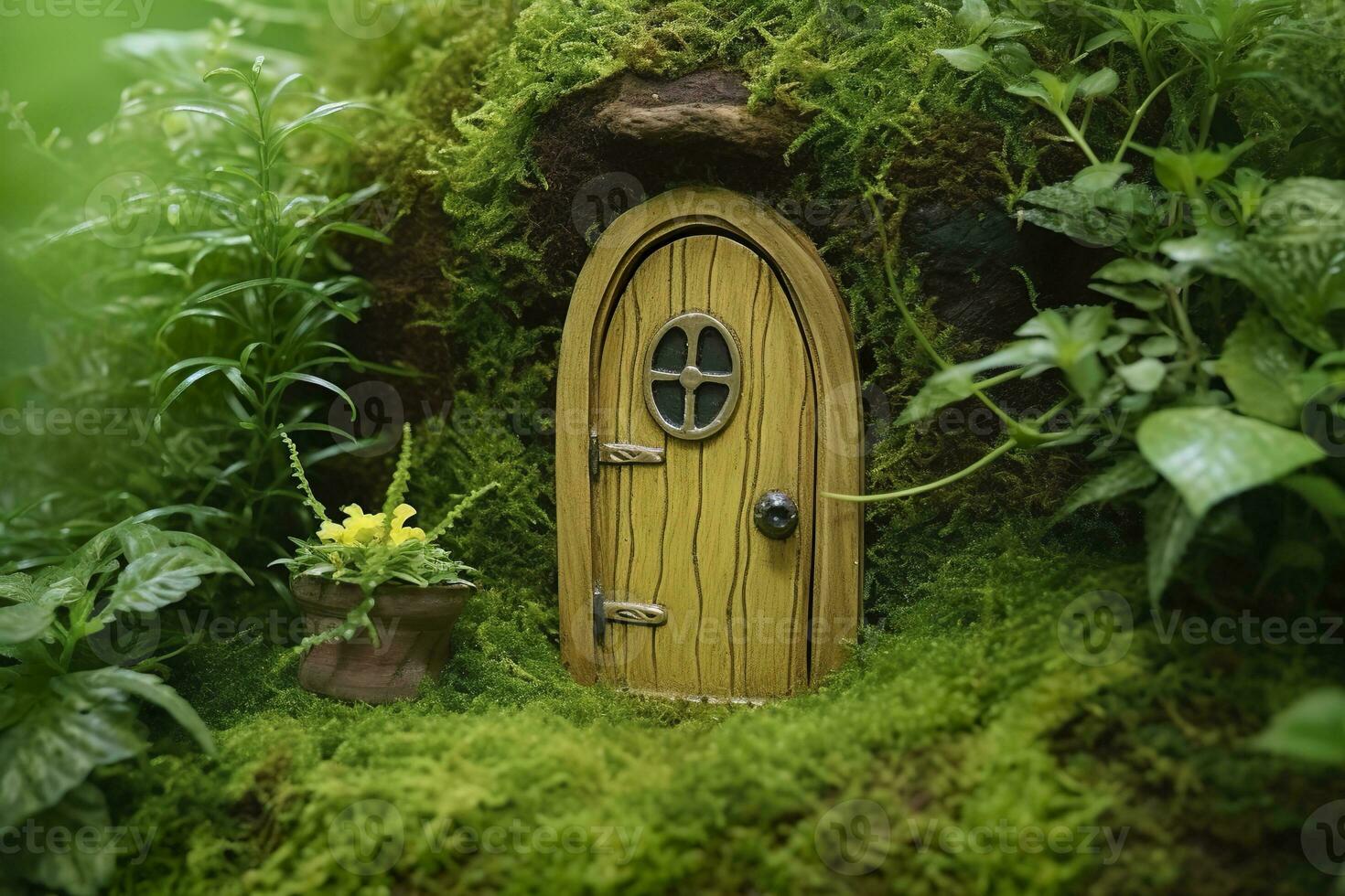 AI generated Little magic wooden fairy doors and plants leave on a mossy natural green background. AI Generated photo