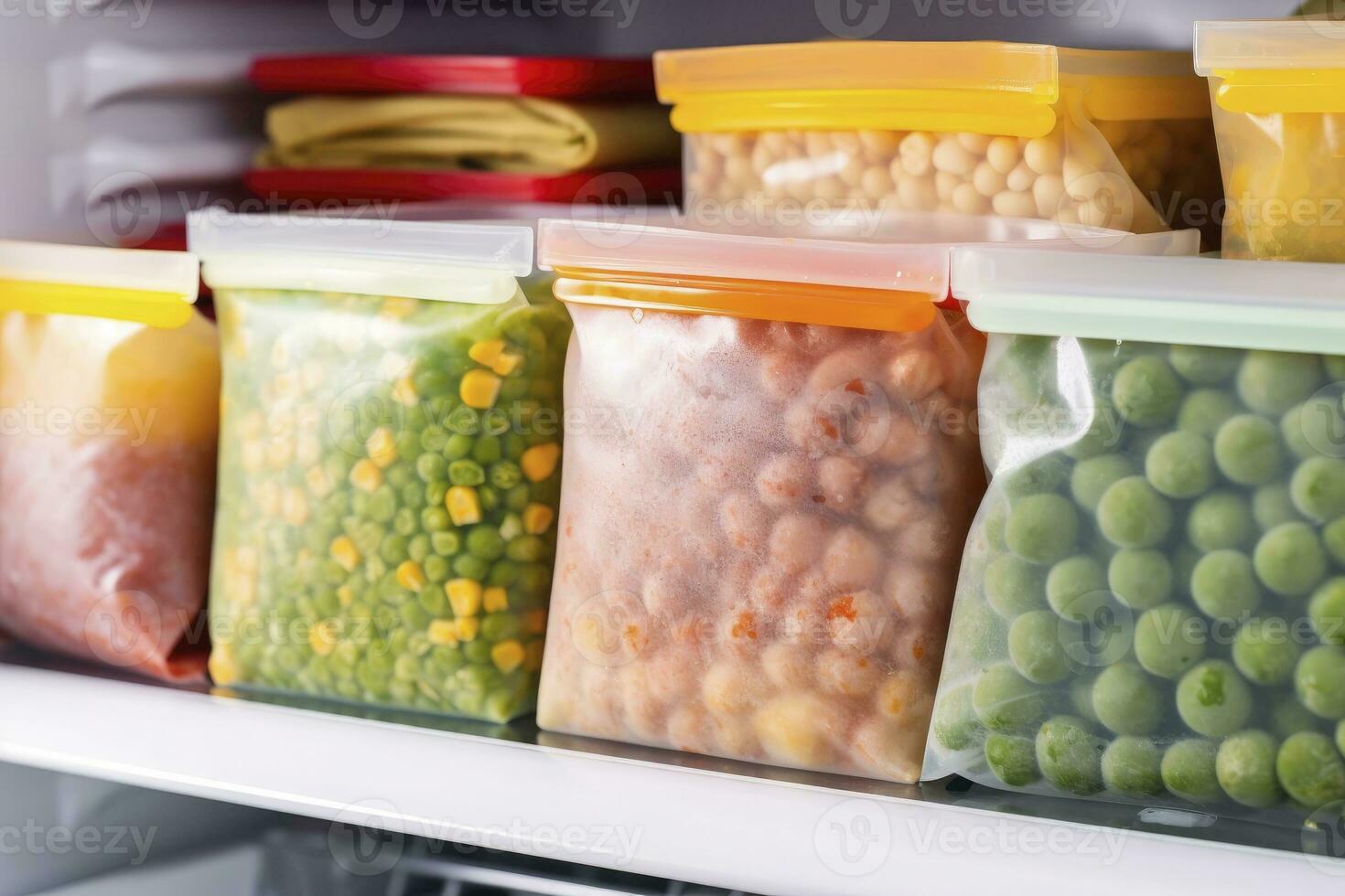 AI generated Frozen food in the freezer. Frozen vegetables. AI Generated photo