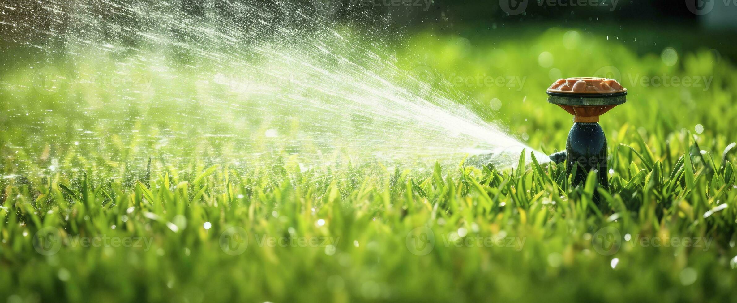 AI generated Automatic garden lawn sprinkler in action watering grass. AI Generated photo