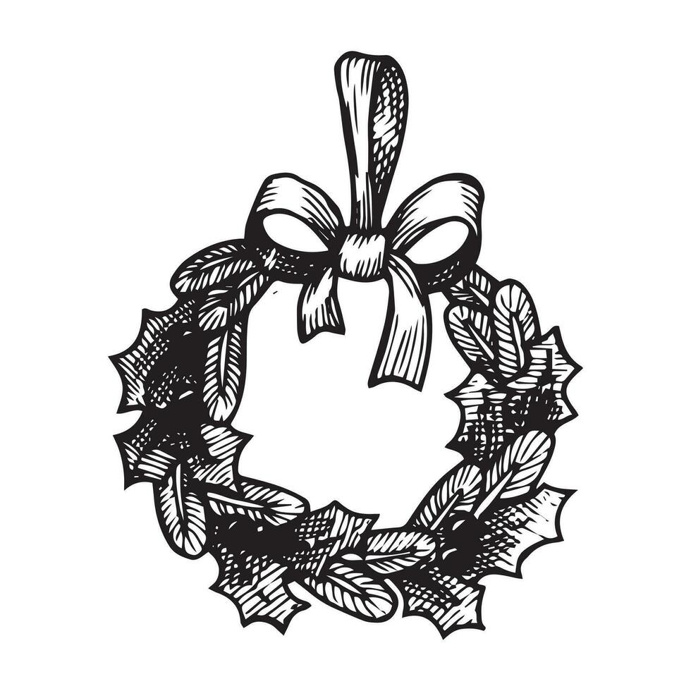 vector drawing in vintage style. Christmas wreath. simple illustration new year, winter