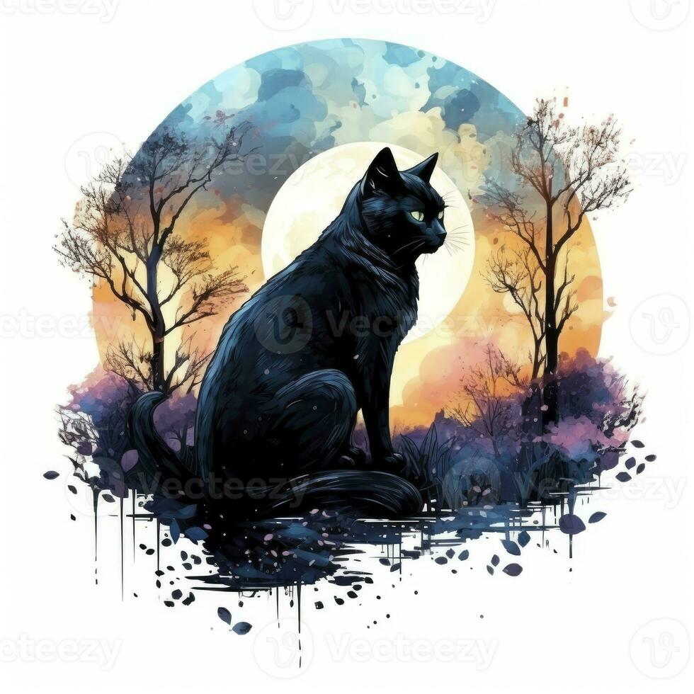 AI generated Black Cat in Moonlit Forest. Watercolor for T-shirt design. AI Generated photo