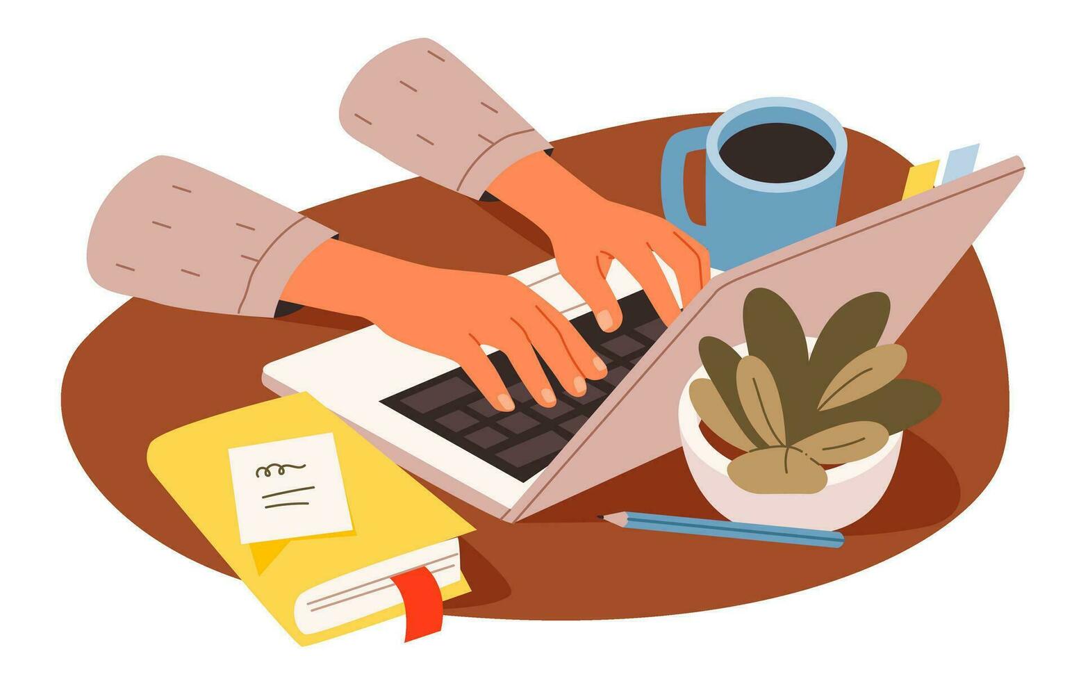 Hands working on a laptop. Working space. Online learning or home office. Flat vector illustration