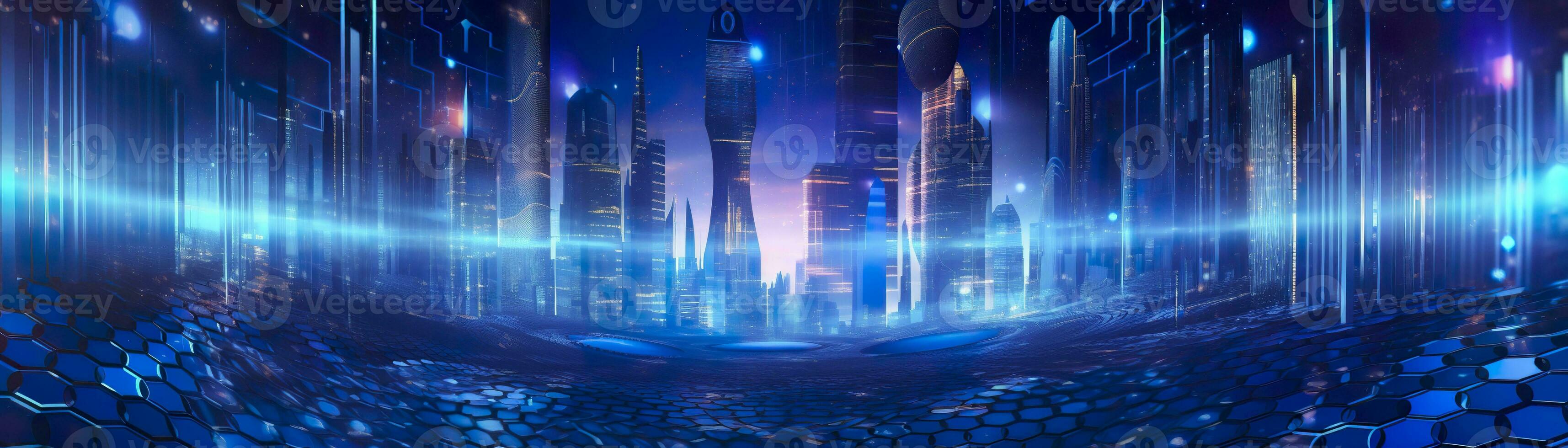 AI generated science fiction wallpaper with blue lights. Generative AI photo