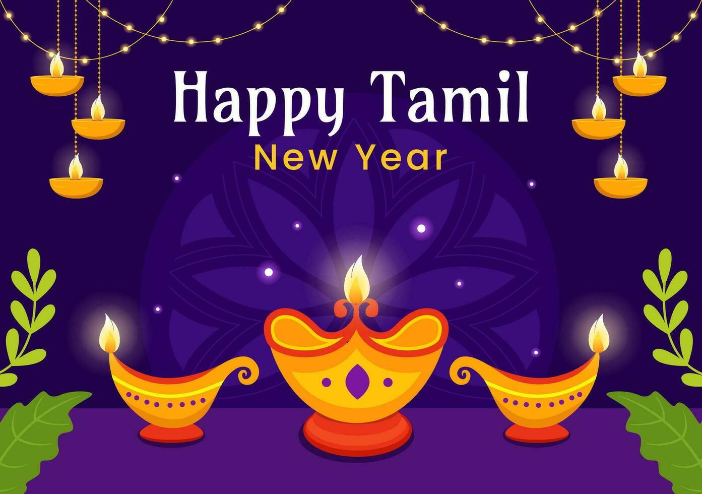 contento tamil nuevo año vector ilustración con vishu flores, Coco, vela, ollas y indio hindú festival en plano dibujos animados antecedentes diseño