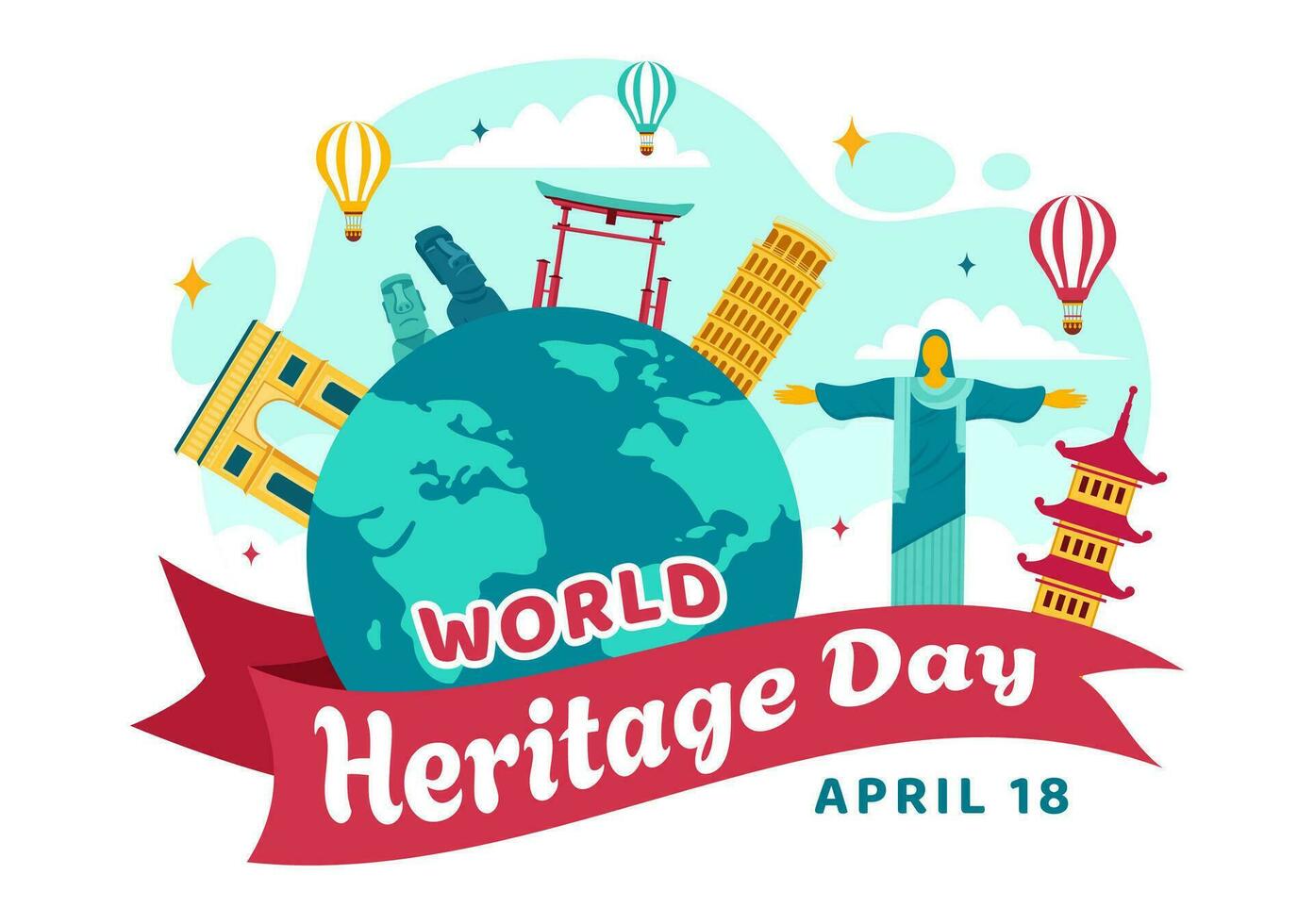 mundo patrimonio día vector ilustración en 18 abril para conmemorativo monumentos y sitios desde varios países en plano antecedentes
