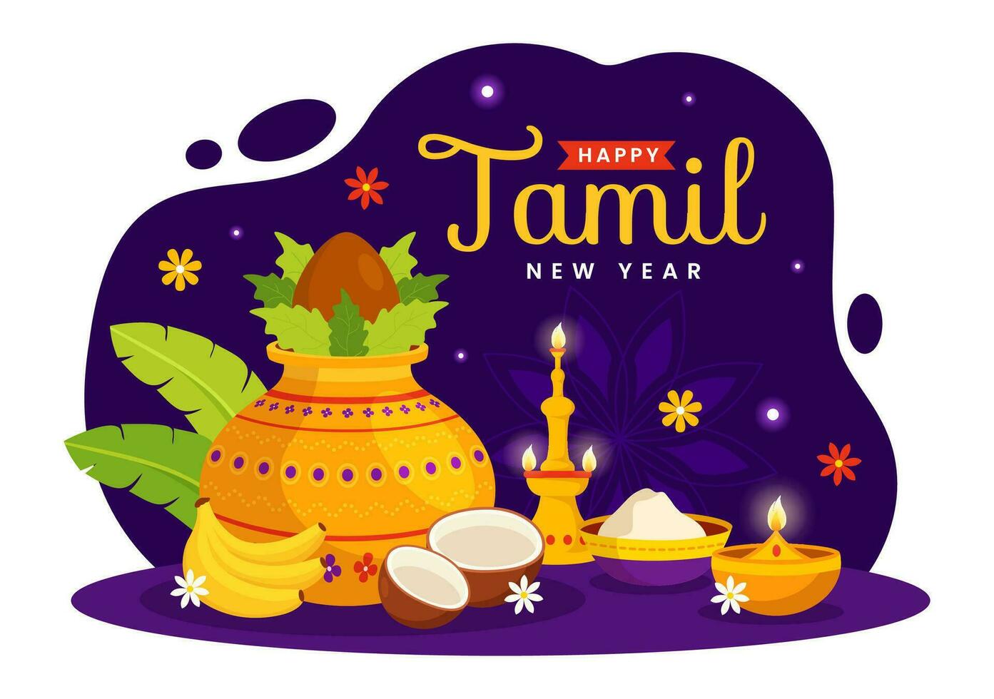 Happy Tamil New Year Vector Illustration with Vishu Flowers, Coconut, Candle, Pots and Indian Hindu Festival in Flat Cartoon Background Design