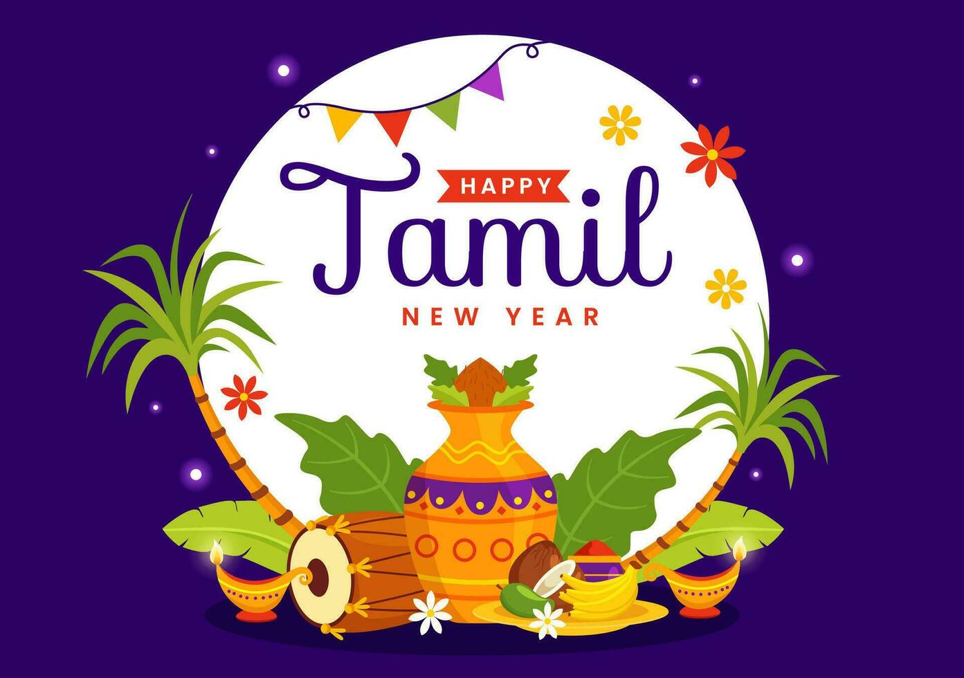 Happy Tamil New Year Vector Illustration with Vishu Flowers, Coconut, Candle, Pots and Indian Hindu Festival in Flat Cartoon Background Design