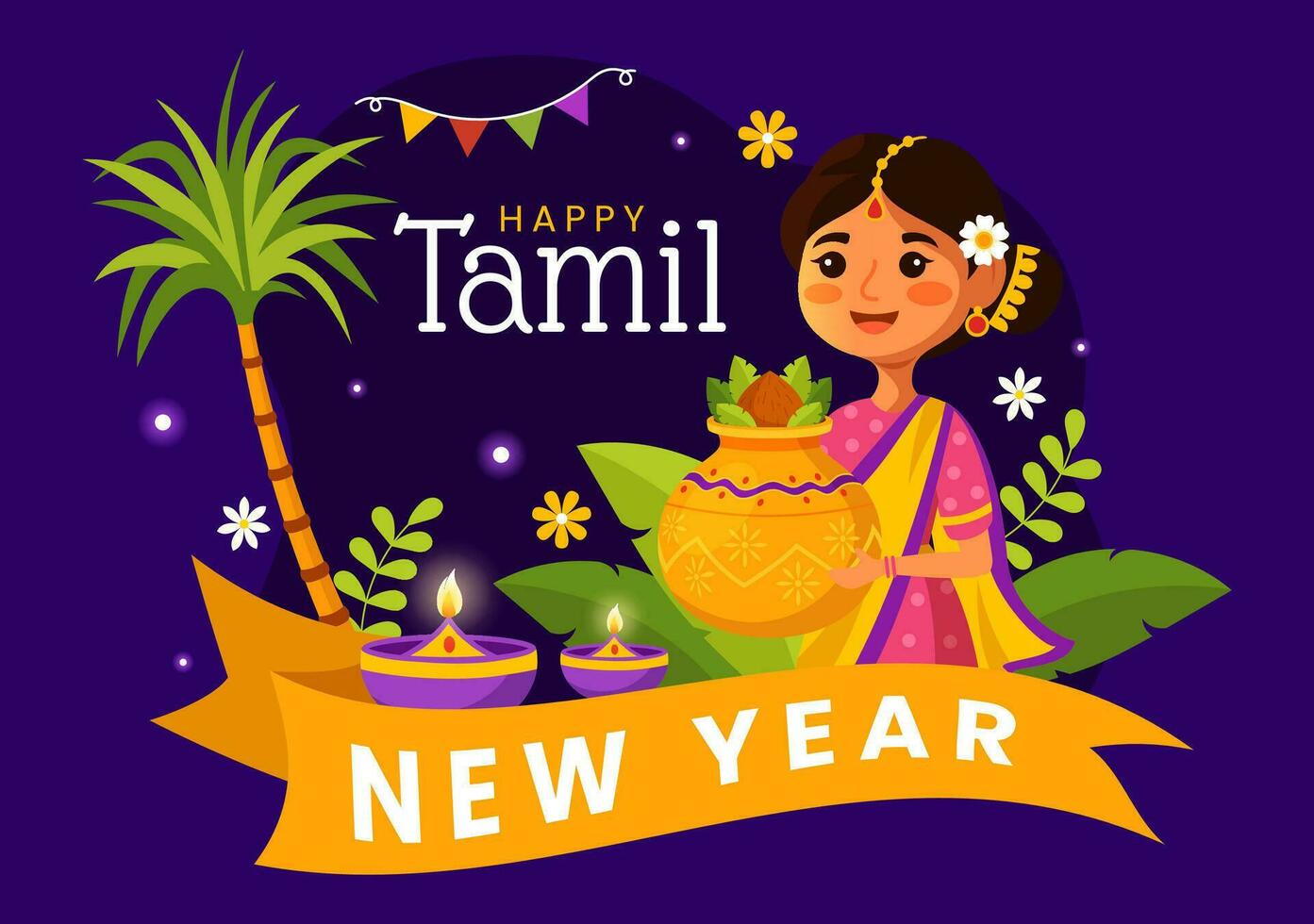 Happy Tamil New Year Vector Illustration with Vishu Flowers, Coconut, Candle, Pots and Indian Hindu Festival in Flat Cartoon Background Design