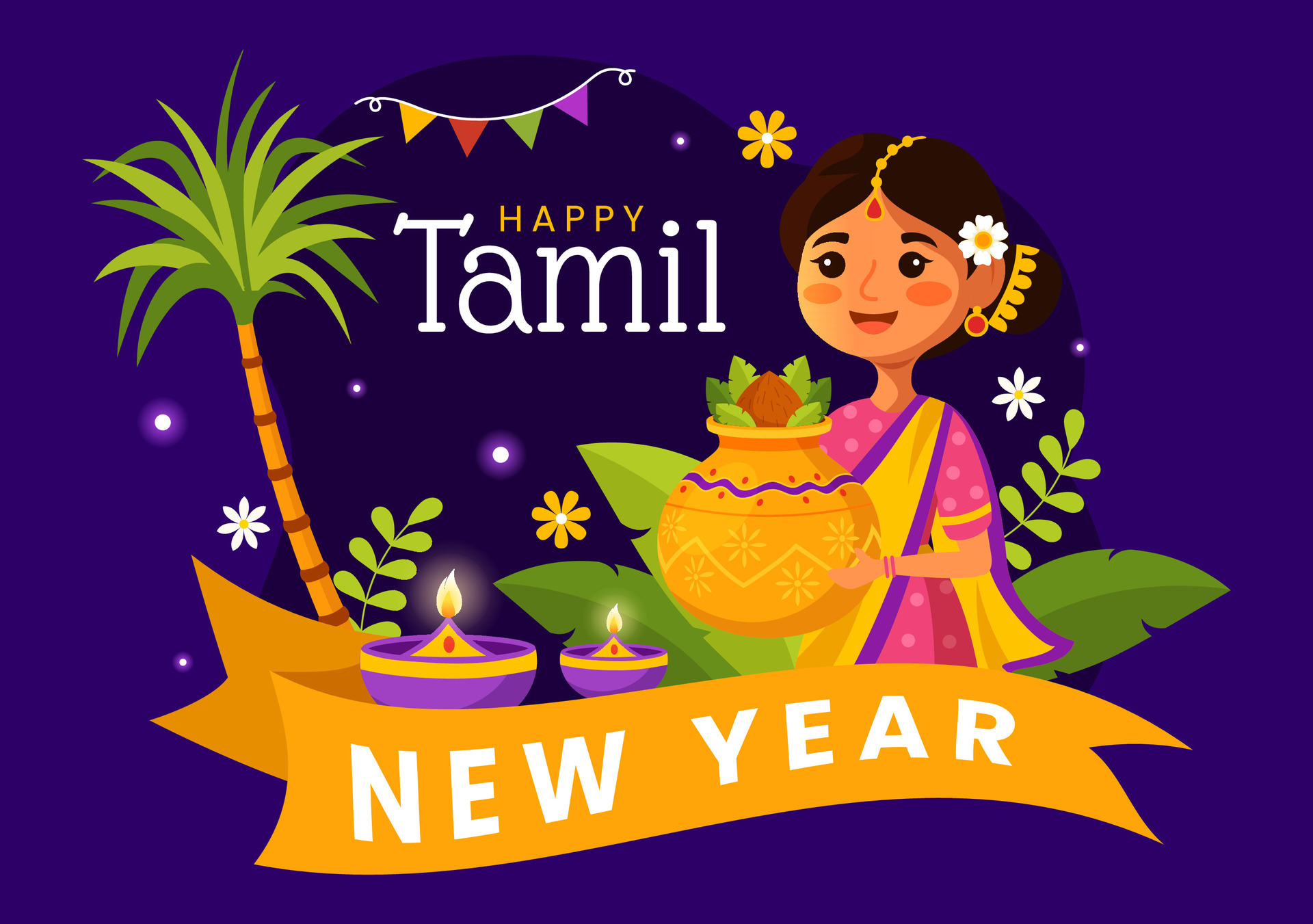 Happy Tamil New Year Vector Illustration with Vishu Flowers, Coconut