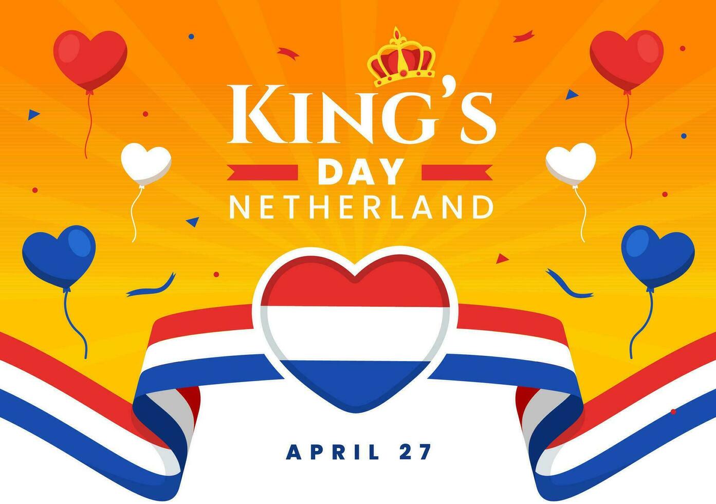 contento reyes Países Bajos día vector ilustración en 27 abril con ondulación banderas y cinta en Rey celebracion plano dibujos animados antecedentes diseño
