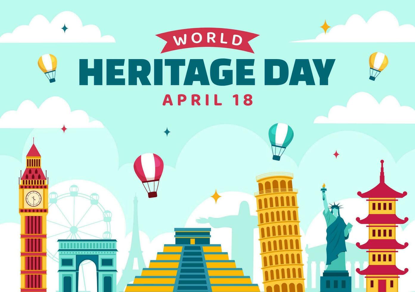 mundo patrimonio día vector ilustración en 18 abril para conmemorativo monumentos y sitios desde varios países en plano antecedentes