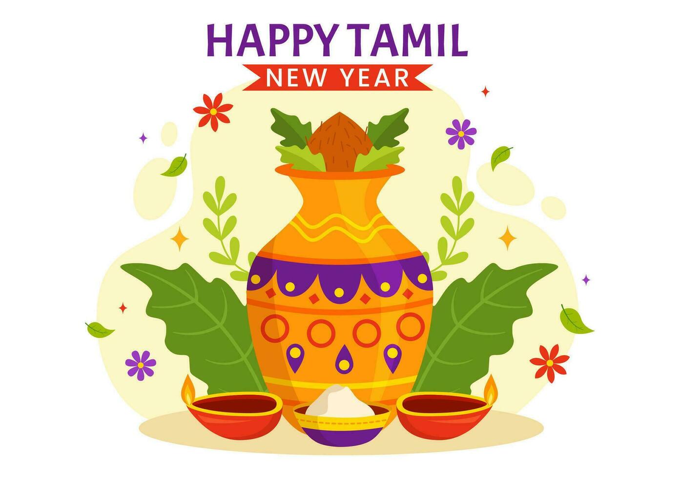 contento tamil nuevo año vector ilustración con vishu flores, Coco, vela, ollas y indio hindú festival en plano dibujos animados antecedentes diseño