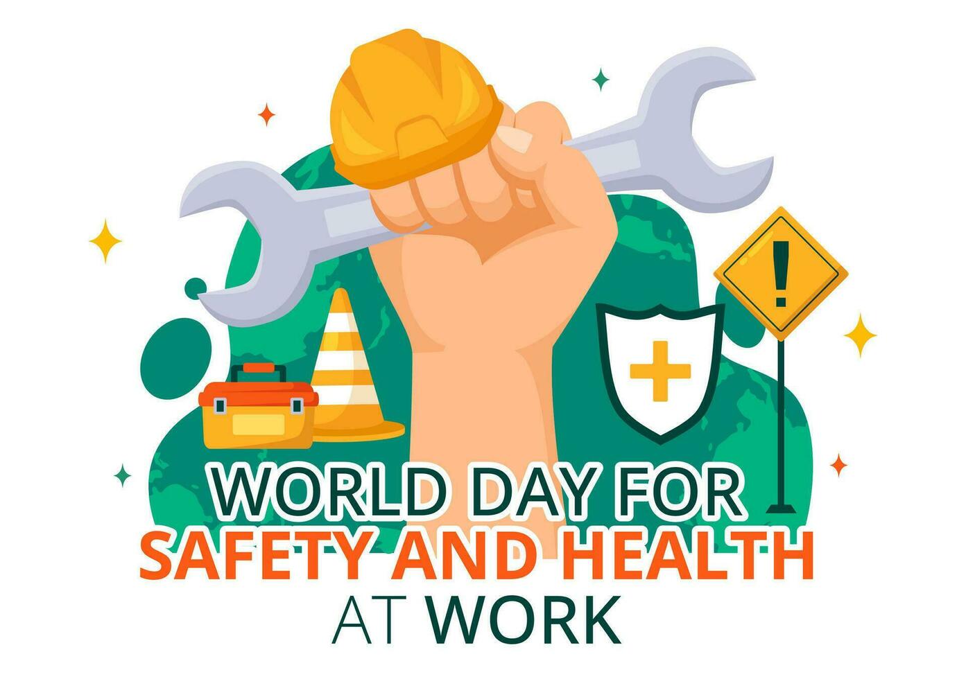 mundo día para la seguridad y salud a trabajo vector ilustración en abril 28 con mecánico herramienta y construcción casco en plano dibujos animados antecedentes