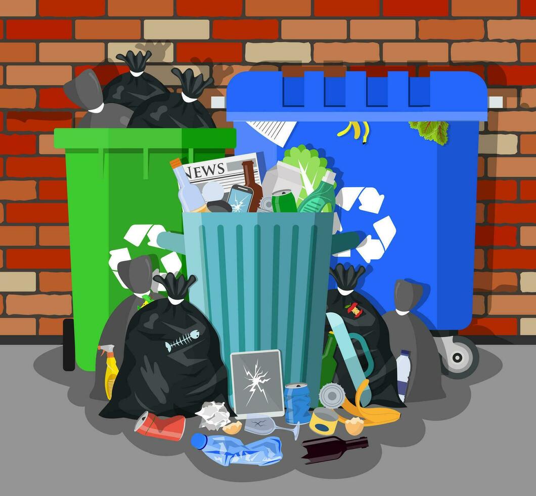 Steel garbage bin full of trash. vector