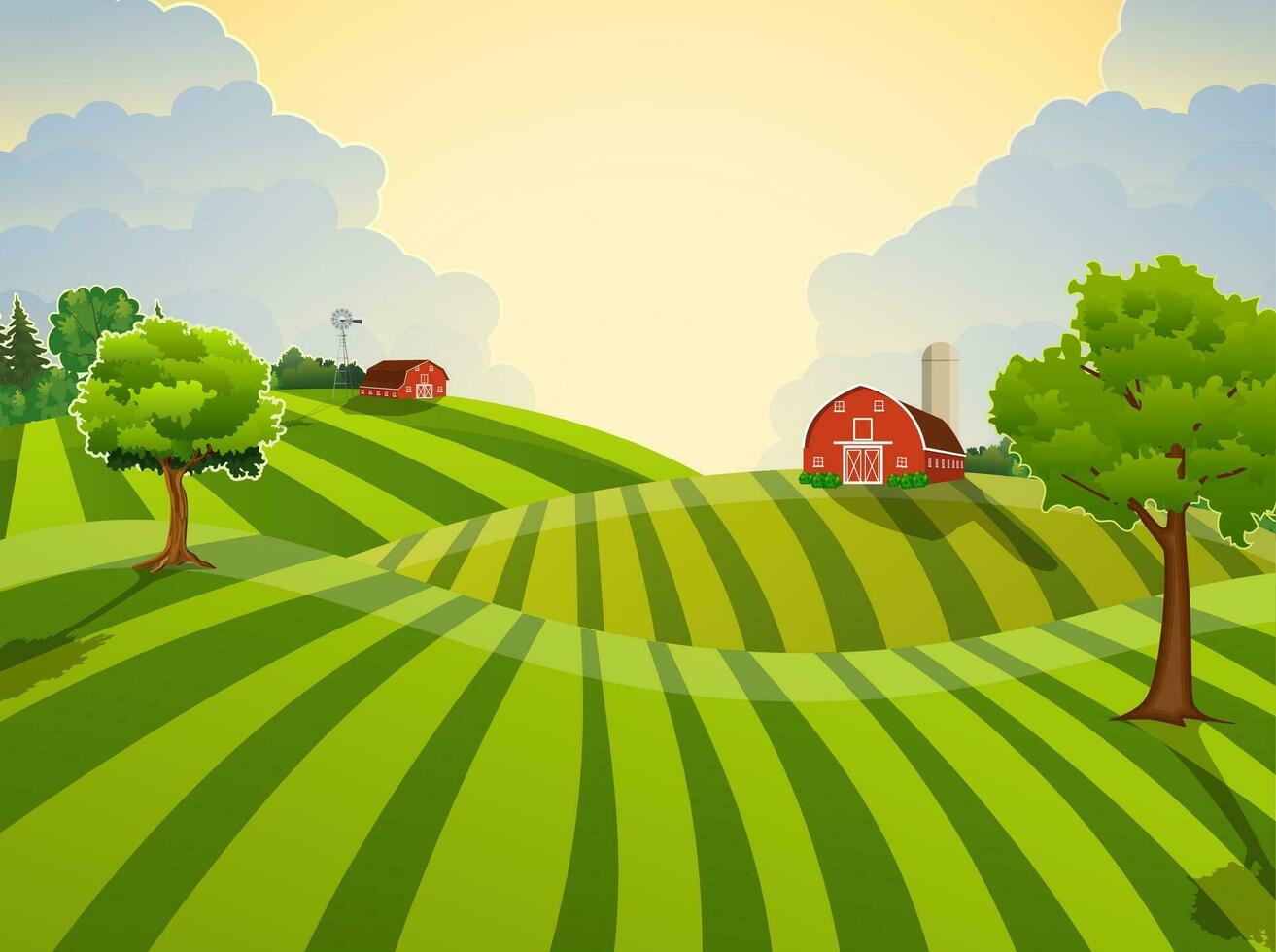 Cartoon farm green seeding field, vector