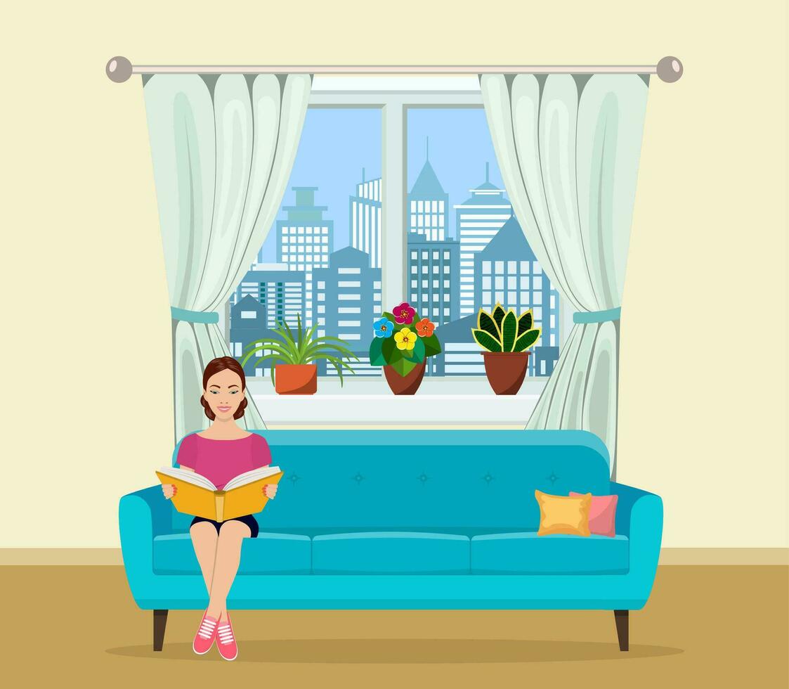 joven mujer relajante en sofá leyendo libro a hogar vector