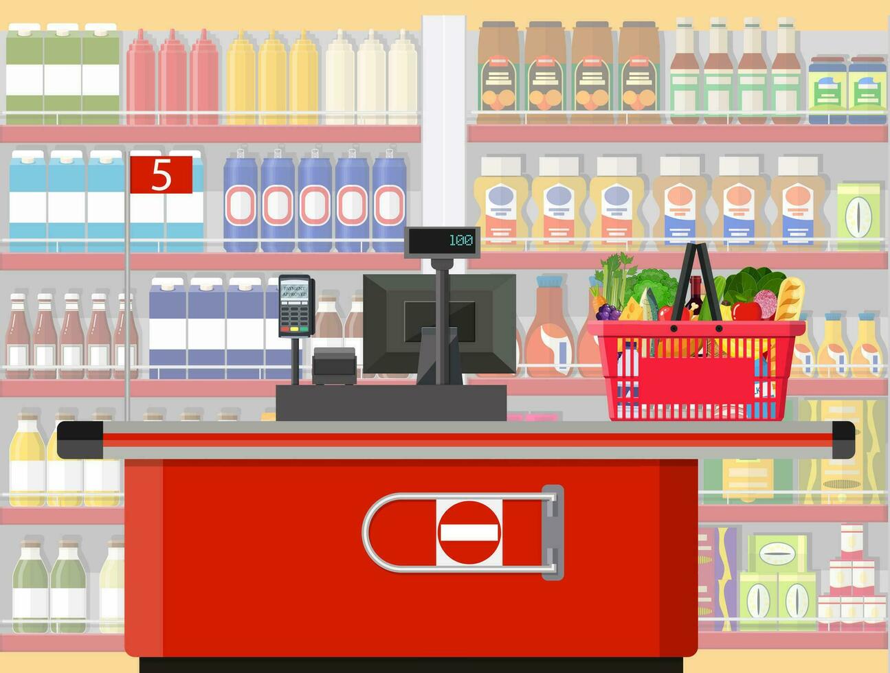 Supermarket store interior with goods. vector