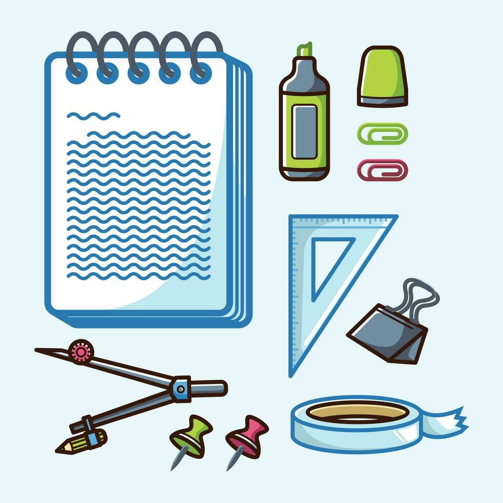 School Stationery Kit Vector Arts. Back to School stationery items for students simple icon design